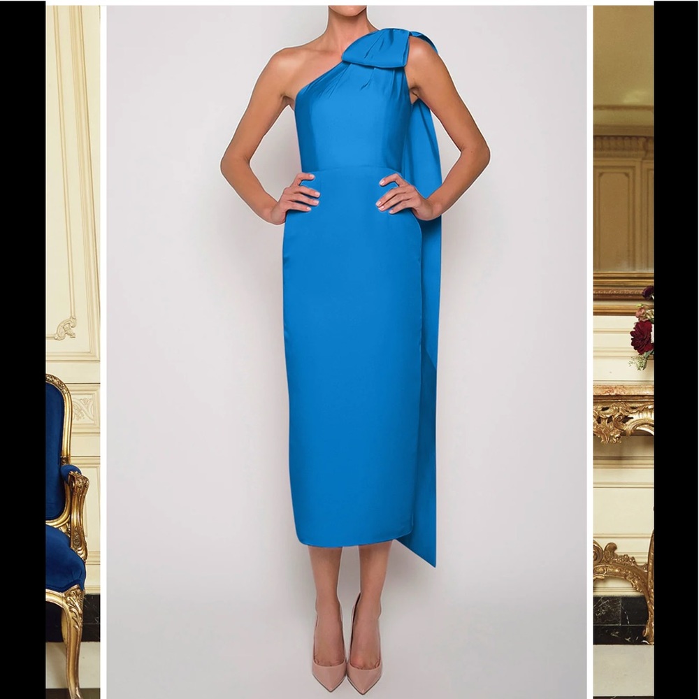 Alexia Maria dress, one shoulder, bow detail w drape, cerulean blue.
